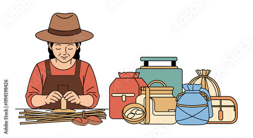 Artisan woman in hat working on traditional craft with various colorful bags and packages, local small business concept, vector illustration.