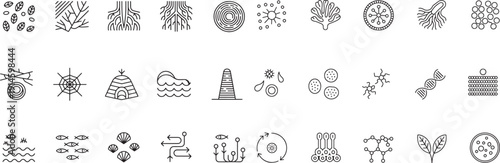 Set of nature icons biology elements such as leaves, roots, cells, and dna structure