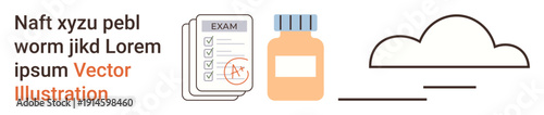 Healthcare, documentation, cloud storage, prescriptions, education, wellness. Exam papers, pill bottle cloud symbol line art. Healthcare and documentation concept with emphasis on wellness solutions