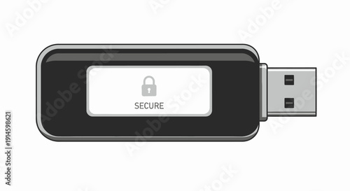 Secure USB flash drive vector illustration, encrypted data storage icon with padlock symbol and secure text, isolated on white background.