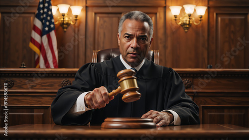 Serious African American judge holding a gavel in a courtroom. Male magistrate sitting at the bench with US flag background. Law and justice concept