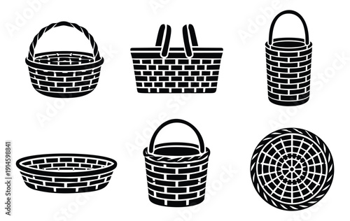 Silhouette basketware set featuring various styles of baskets and a woven mat for carrying and storage