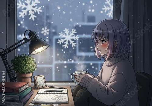 An anime girl is sipping coffee in her bedroom during winter.