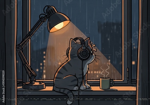 Vector illustration of  cat sits listening to lonely music at a night bedroom It's raining outside