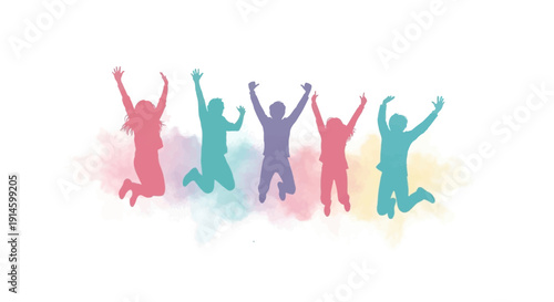 Group of people jumping in the air with colorful silhouettes.