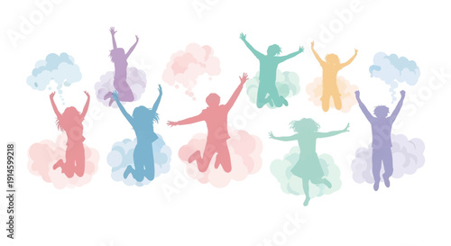 Silhouettes of people jumping with joy in colorful watercolor splashes.