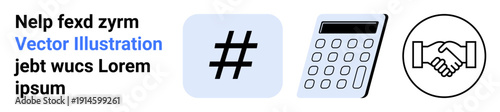metadata tag, calculator, and handshake icons highlight social media, finance, and partnerships. Ideal for business, networking, collaboration, marketing online engagement finance simple landing
