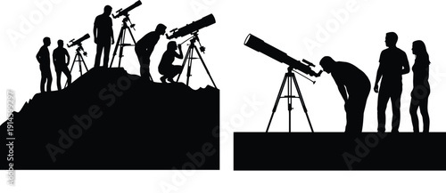 Silhouettes of people observing night sky with telescopes, astronomy enthusiasts stargazing on hill and platform illustration