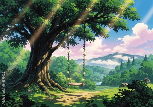 A beautiful summer landscape view of the sun setting behind pine trees in a lush forest with a calm lake and clouds in the sky
