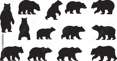Bear silhouette vector collection, black wild animal walking, standing and roaring poses isolated on white background for logo, stencil, wildlife design