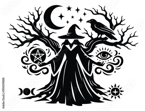 Mystical illustration of a witch tree depicting magical symbols for occult design
