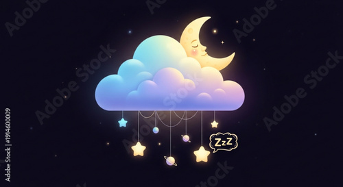 Sleepy crescent moon and stars hanging from fluffy rainbow cloud at night