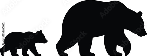 Bear silhouette vector illustration, mother and cub walking wildlife animal black shape isolated on white background for logo, design, stencil, tattoo