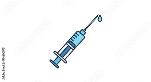 Medical syringe with a single blue drop on the needle tip healthcare concept