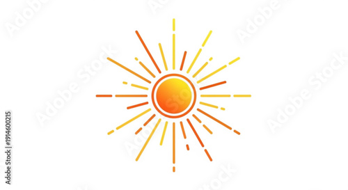 Vibrant orange sun symbol with yellow and red rays on white background