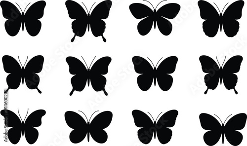Butterfly silhouette vector collection, black insect wing shapes isolated on white background for logo, stencil, tattoo, decorative nature design set