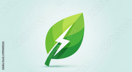 Green leaf with lightning bolt symbol on light blue background eco friendly energy concept