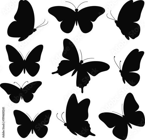 Butterfly silhouette vector set, black flying insect collection isolated on white background for logo, tattoo, stencil illustration