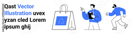 Sustainable shopping, consumer trends, recycling awareness, eco-friendly practices, business management, shopping decisions. A recyclable bag and individuals interacting. Sustainable shopping