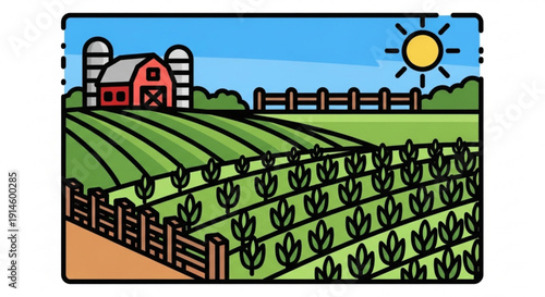 Vineyard farm with red barn under sunny blue sky and wooden fence