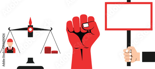 Labor Rights and Equal Pay Concept Vector Illustration with Protest Fist, Justice Scale Worker vs Money, and Blank Placard Banner Design