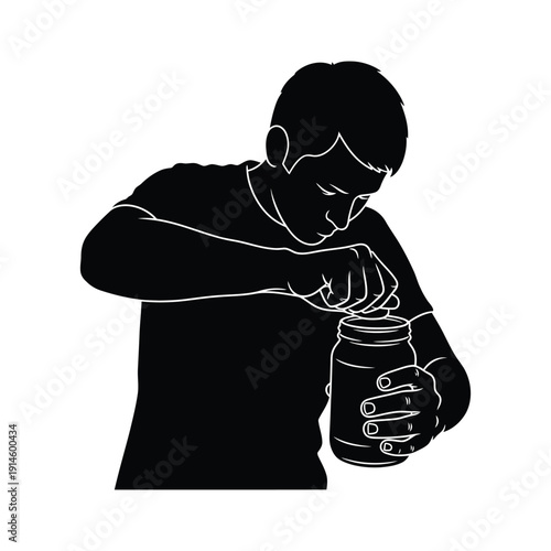 Man struggling to open tight glass jar with hands vector illustration isolated on white background