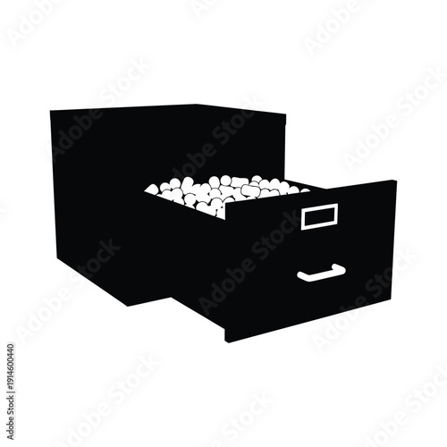 Open filing cabinet drawer filled with small white balls vector illustration for storage concept