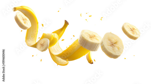 Peeled banana slices and peel in motion isolated on transparent background