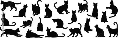Cat silhouette collection vector illustration, black domestic feline poses set isolated on white background for logo, stencil, tattoo, pet design