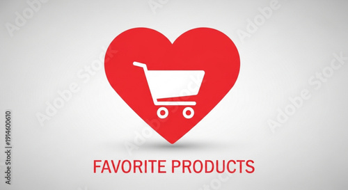 Red heart icon with shopping cart and favorite products text on gray background