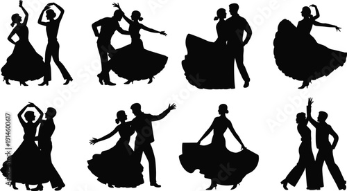 Ballroom Dance Couple Silhouettes Collection Black Vector Illustration Set Isolated on White Background Featuring Elegant Waltz and Latin Dancers in Motion