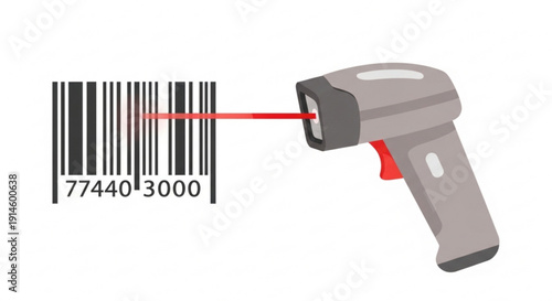 Barcode scanner reads barcode with red laser beam for inventory management