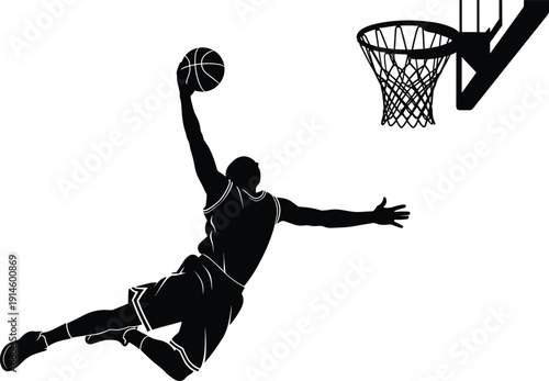 Basketball Player Dunk Silhouette Black Vector Illustration of Athlete Jumping for Slam Dunk Shot with Hoop and Ball Isolated on White Background