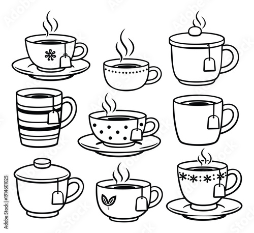 Hand drawn line art tea cups set featuring different styles of mugs with steaming tea for beverage concepts