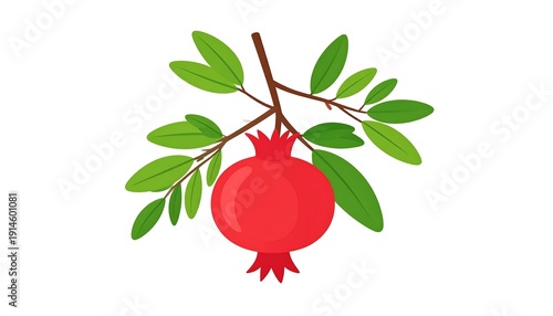 Stylized illustration of a ripe red pomegranate hanging from a leafy brown branch, isolated on white