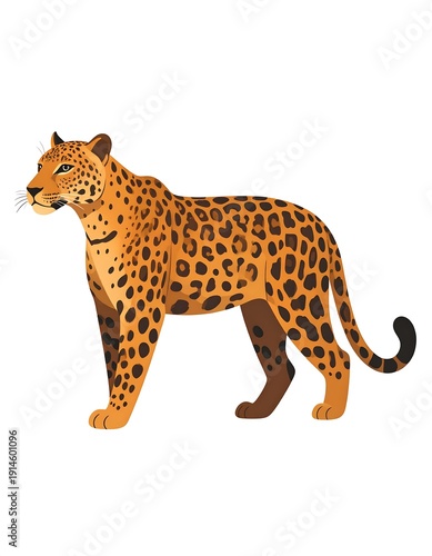 Stylized illustration of a leopard with orange fur and dark spots standing on a white background