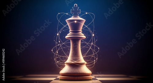 Glowing white chess queen piece with abstract light trails on dark background strategy