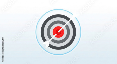 Bullseye target with arrow hitting red center circle on gray background