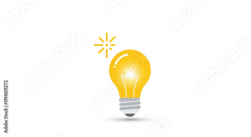 Bright yellow light bulb with sparkling idea on white background