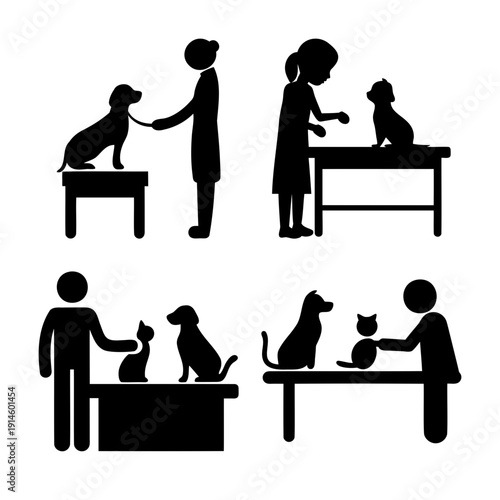 Diverse silhouettes illustrating people interacting with dogs and cats for pet care or veterinary visits
