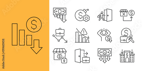 Financial crisis and business decline concept icon set; illustrating economic recession, monetary problems, market downturn, and insolvency