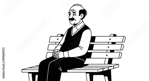 Elderly man sitting on a wooden bench illustration, senior citizen relaxing alone.