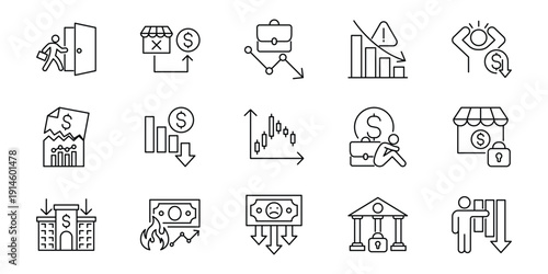Comprehensive icon set illustrating financial crisis, economic recession, business failure, and bankruptcy challenges with symbols of debt, loss, and market downturns