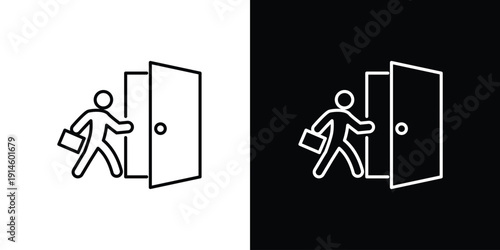 Single icon of business person leaving the office through an open door, symbolizing career change or new opportunities