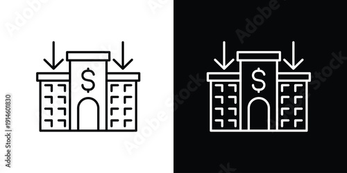 Single icon of financial building with downward arrows symbolizing monetary decrease and economic recession concept