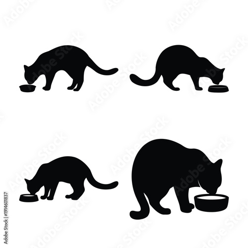 Set of four black cat silhouettes eating from food bowls, illustrating feline mealtime
