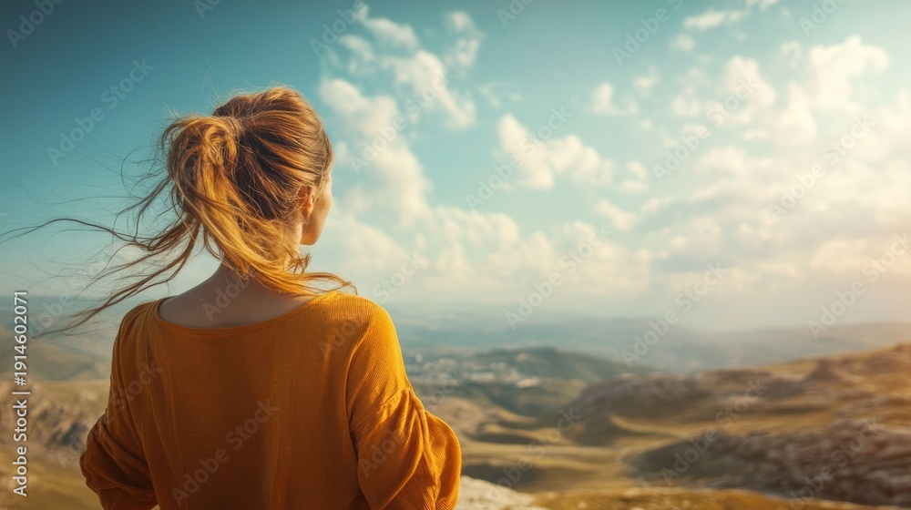 Fototapeta premium Woman gazes at scenic mountain vista, windswept hair