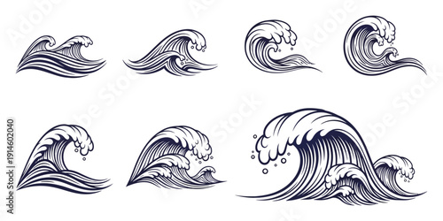 Collection of Stylized Dark Blue Ocean Waves with White Foam White Background water