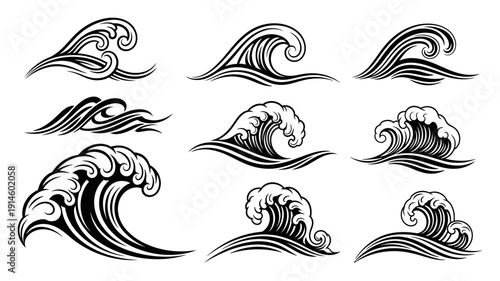 Collection of stylized black and white wave with swirling crests and foam water ocean