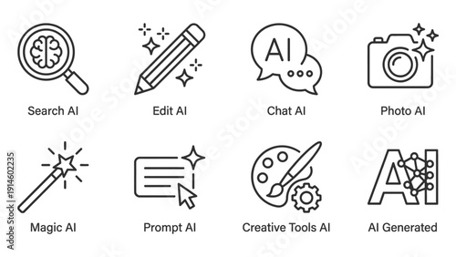 ai creative icons. artificial intelligence icon set for digital creative tools and machine learning